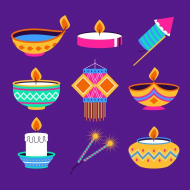 Elementler Diwali Hindu Festivali 'ni Beyaz Arkaplanda Ayrı Tutuldu. Vektör Resimleri Düz Biçimli