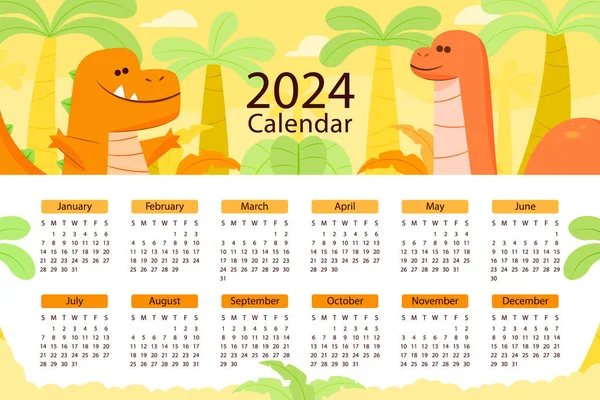 2024 Takvim Şablonu Beyaz Arkaplanda İzole Yapraklar. Vektör Resimleri Düz Biçimli