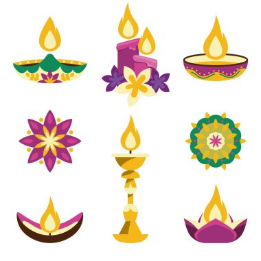 Elementler Koleksiyonu Hindu Diwali Festivali Beyaz Arkaplanda Kutlanıyor. Vektör Resimleri Düz Biçimli