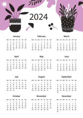 Mor Siyah Takvim 2024 Beyaz Arkaplanda İzole Edilmiş Şablon. Vektör Resimleri Düz Biçimli