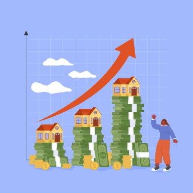 Yükselen Ev Fiyatları Beyaz Arkaplanda İzole Edildi. Vektör Resimleri Düz Biçimli