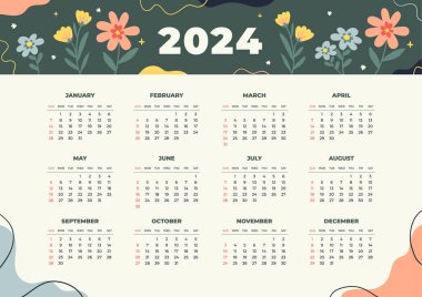 2024 Takvim Şablonu Beyaz Arkaplanda İzole Edildi. Vektör Resimleri Düz Biçimli