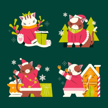Kedi çizgi film Noel sezonu kutlaması beyaz arka planda izole edildi. Vektör Resimleri Düz Biçimli