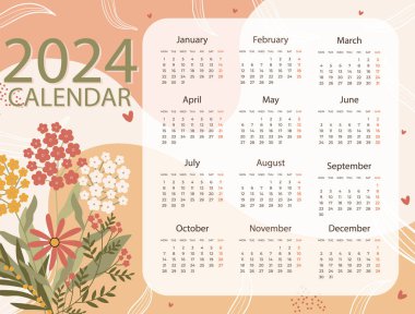 2024 Takvim Şablonu Beyaz Arkaplanda İzole Edildi. Vektör Resimleri Düz Biçimli