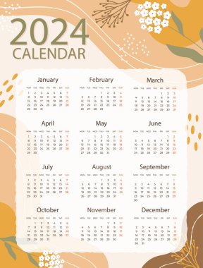 2024 Takvim Şablonu Beyaz Arkaplanda İzole Edildi. Vektör Resimleri Düz Biçimli