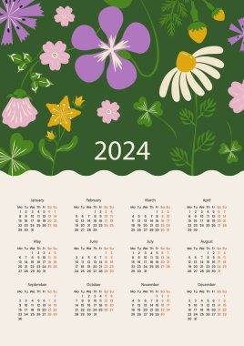 2024 Takvim Şablonu Beyaz Arkaplanda İzole Edildi. Vektör Resimleri Düz Biçimli