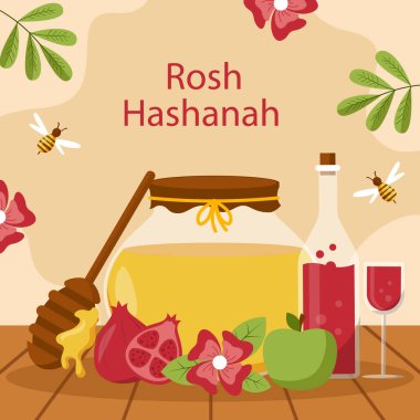 Rosh Hashanah Yahudi Yeni Yıl kutlamaları beyaz arka planda izole edildi. Vektör Resimleri Düz Biçimli