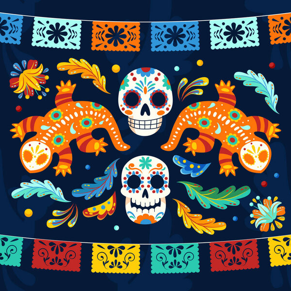 Dia De Muertos Celebration Isolated On White Background. Vector Illustration In Flat Style