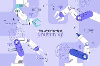 Mor bir kalem tutan mavi bir robotik kolun karikatür çizimi. Çizimde kullanılan teknoloji ve yazı tipi bir gök mavisi ve mor renk paletinden esinlenilmiştir.