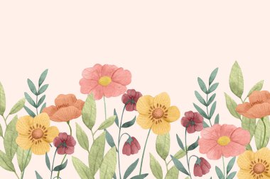 Renkli çiçekler ve beyaz arka planda yapraklar içeren bir sanat sergisi dikdörtgen şeklinde güzel bir desen oluşturuyor.