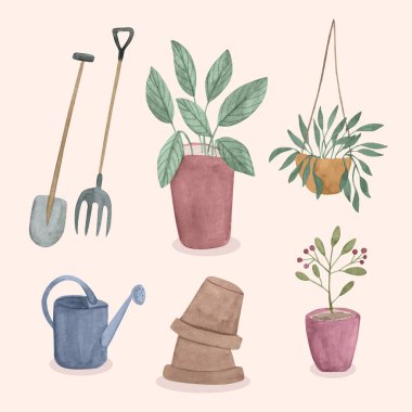 Pembe arka planda sergilenen bahçe aletleri ve saksı bitkilerinin bir koleksiyonu, çeşitli ev bitkileri, karasal bitkiler, ve vazolarla dolu bir masanın üzerindeki ağaçlar