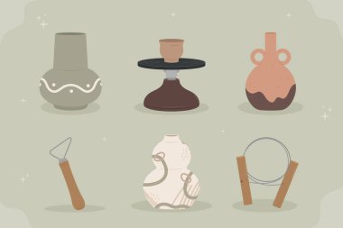 Ahşap bir masada sergilenen bir dizi kil çömlek ve çömlek, insan vücudunu andırıyor boyuna benzer şekillerle. Sanat eserleri başlıklar, yazı tipleri, içki takımı ve oyuncak gibi tasarımlar içerir.