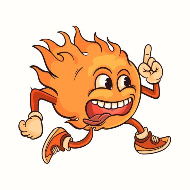 Kolları ve bacakları olan çizgi film güneşi mutlu bir şekilde koşuyor ve gülümsüyor. Turuncu güneşler parmakları ve başparmaklarıyla hareket ederler ve çizimlerine eğlenceli ve eğlenceli bir dokunuş eklerler.