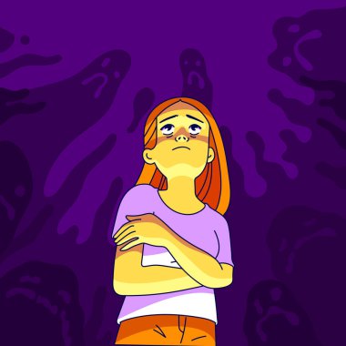 Pembe saçlı ve karikatür suratlı bir kadın mor bir arka planın önünde duruyor arkasında hayaletler var, sanatsal ve kaprisli bir sahne yaratıyor.