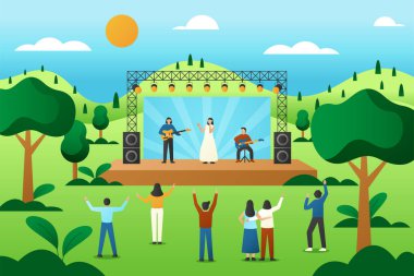 Bir grup insan, yeşil ve bulutlu bir gökyüzü altında doğa ve doğa ile bağlantılı bir parkta müzik gruplarının performansından keyif alıyor.
