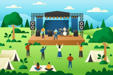 Bir grup insan, parkta sahnelenen bir gruptan canlı müzik dinliyor. Doğal manzara ve yeşil çevre performans için pitoresk bir ortam yaratır.