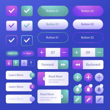 Renkli düğme koleksiyonu, Azure arka planında Electric Blue ve Magenta gölgeleri sergileniyor. Kullanıcı deneyimini geliştirmek için teknoloji ve iletişim cihazları kullanılıyor