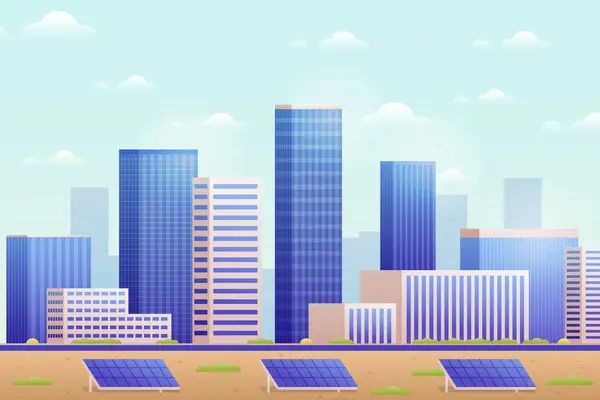Ein Stadtbild Mit Zahlreichen Wolkenkratzern Und Gebäuden Mit Sonnenkollektoren Vordergrund — Stockvektor