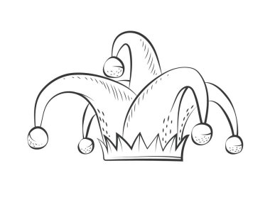 Beyaz bir arka planda soytarı şapkasının monokromatik bir çizimi. Karmaşık detaylar ve kalın çizgiler içeriyor. Sanatsal beceri ve yaratıcılık sergiliyor.