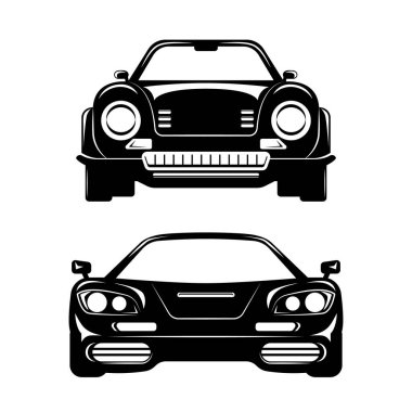 Tekerlekler, lastikler, otomotiv aydınlatması, kaput ve arka farlar gibi ayrıntıları içeren tek renkli bir araç silüeti beyaz arka planda, sergilenen otomotiv tasarımı