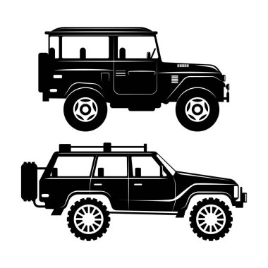 İki siyah beyaz jip silueti, beyaz arka planda otomotiv lastiği, tekerleği ve otomotiv tasarımı detayları var. Otomotiv park lambaları olan arazi araçları