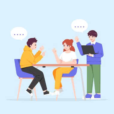 Bir grup insan resimlerle ve sanatla çevrili bir masada sohbet ediyorlar. Elektrikli mavi sandalyeler boş zamanların ve hareketlerin dünyasına renk katar.