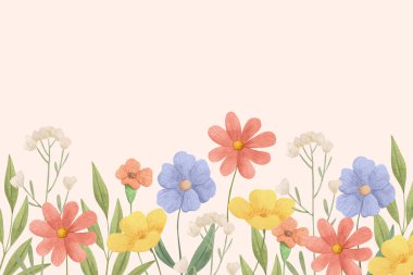 A beautiful row of vibrant flowers with green leaves painted on a white background, creating a stunning natural landscape artwork clipart