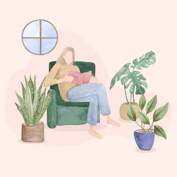 Woman Sitting Comfortable Chair Surrounded Houseplants Flowerpots Sharing Space Terrestrial — Archivo Imágenes Vectoriales