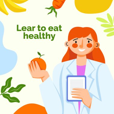 Laboratuvar önlüğü giymiş bir kadın elinde bir portakal ve tablet tutuyor ve doğal gıdaların önemini gösteriyor. Onun jesti mutluluk ve bitki bazlı ürünlerin paylaşımını sembolize ediyor.