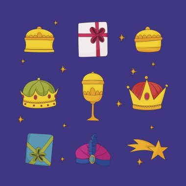 Elektrikli mavi arka planda, bilgi ve bilgeliği sembolize eden bir teknenin yer aldığı şık bir illüstrasyonda üç bilge adam simgesi. Etkinlikler, ürünler ve sanat için mükemmel