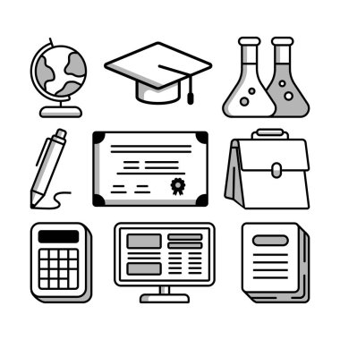 Temiz beyaz bir arkaplanda sergilenen bir monokrom eğitim ikonu koleksiyonu. Simgeler ürün, yazı tipi, desenler ve çizgi sanatı gibi çeşitli tasarım elementlerine sahiptir.