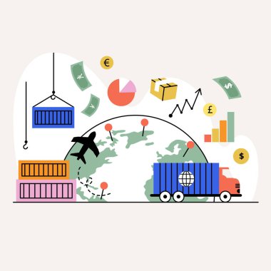 Dünya çapında seyahat eden, dikdörtgen, üçgen, daire ve logo gibi farklı şekilleri olan bir konteynır kamyonunun çizimi.