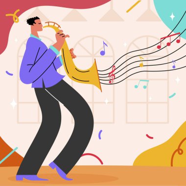 Bir adam mutlu bir şekilde içinden müzik notaları süzülen mavi bir saksafon çalıyor. Sahne, görsel sanatların güzel bir yansımasıdır.