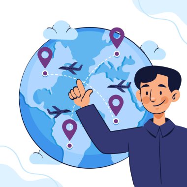 Elektrikli mavi kollu bir adam etrafında uçaklar uçuşan bir Azure küresini işaret ediyor. Çember çizimine karşı gülüşü ve jesti sanatına duyduğu memnuniyeti ve takdiri gösteriyor.