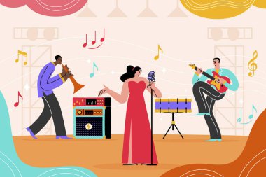 Bir kadın mikrofona şarkı söylerken, bir erkek trompet çalarken ve bir kadın gitar çalarken genç bir eğlence. Mutlu jestler ve eğlenceli titreşimler bu sahne sanatları etkinliğinde havayı dolduruyor.