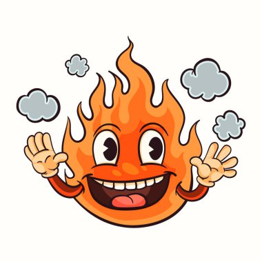 Ağzından dumanlar çıkan, neşeli bir jest yapan mutlu turuncu omurgalı bir organizmanın karikatür çizimi. Canlı renkleri ve şakacı yazı tipi olan eğlenceli bir sanat.