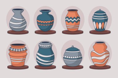 Resimde vazolar da dahil olmak üzere çeşitli sofra eşyaları sergileniyor, her biri tasarım ve stil açısından eşsiz, çiçekleri veya dekoratif sanat eserlerini sergilemek için mükemmel.