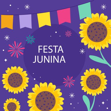 Ayçiçekleri ve bayraklarla süslenmiş canlı bir mor arka planla çevrili Festa Junina 'yı kutlayın. Bu sanat eserindeki sarı ve menekşe yapraklarının yaratıcı sanatları festivali canlandırıyor.