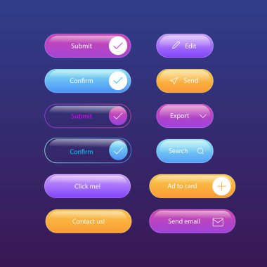 Pembe, elektrik mavisi ve eflatun renkler içeren parlak bir düğme dizisi. Parlak bir alet tasarımı var. Nihai çokluortam gönderme düğmesi için çeşitli yazı tiplerinden seç