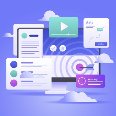 Üzerinde çeşitli çokluortam simgeleri bulunan mavi, morumsu ve gök mavisi renkli bir makine. Simgeler bir markayı temsil eden daireler, dikdörtgenler ve yazı tipi biçimleridir.