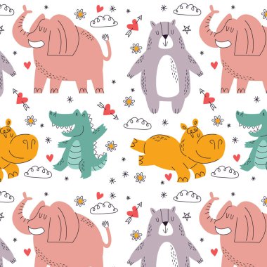 Fillerin, su aygırlarının, timsahların ve ayıların omurgalı organizmaları içeren beyaz bir tekstil içinde kusursuz bir desen. Bu tasarım, memelilerin şık yazı tipi ve ince çizgi sanatındaki adaptasyonunu gözler önüne seriyor.