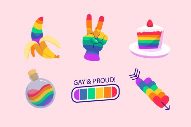 Eflatun arkaplanda gökkuşağı renkli çıkartmalar olan canlı bir grafik tasarım gösterisi. Etkinliğinize veya moda aksesuarınıza renk katmak için mükemmel