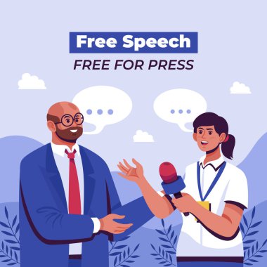 Elektrikli mavi takım elbiseli ve kravatlı bir adam mikrofon tutan bir kadınla düşüncelerini mutlulukla paylaşıyor. Etkinlikte konuşurken başparmağı ve parmağıyla hareket eder.