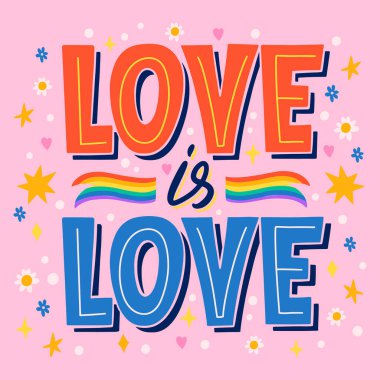 Pembe bir arka plan ve gökkuşağı içeren ürün grafikleri ve aşk sözcüğü aşktır. Yazı tipi elektrik mavi ve morumsu. Olay doğum günü partisi. Damga Dikdörtgeni