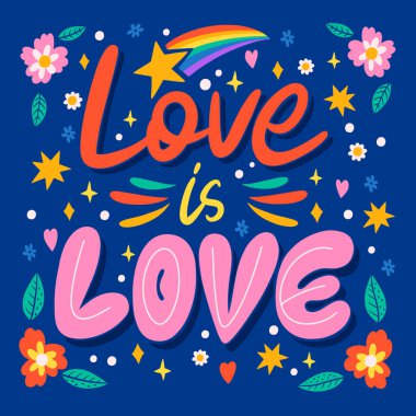 Aşk kelimesi renkli çiçekler ve elektrik mavisi arka planda yıldızlarla çevrili bir yazı tipiyle yazılır. Resmin mor aksanlı canlı bir deseni var.