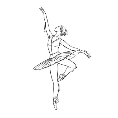 Tek renkli bir balerin çizimi zarif bir şekilde tek ayak üzerinde dengede duruyor, etek ve bale ayakkabısı giyiyor. Sahne sanatlarında klasik bir atletik dans hareketinin zerafetini yakalamak.