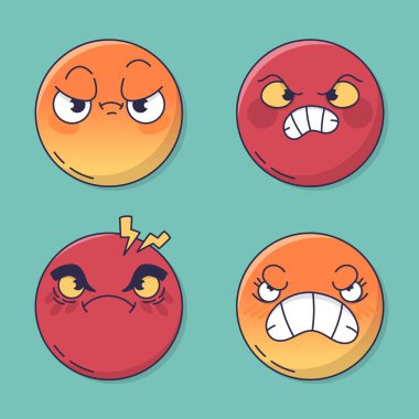 Mavi arka planda farklı yüz ifadeleri olan dört çizgi film yüzü. Yüksek kalite