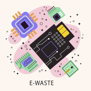 Elektronik bileşenlerle çevrili bir eatık çizimi. Resimde dairesel diyagramda düzenlenmiş morumsu renk paletinde cihazlar yer alıyor.