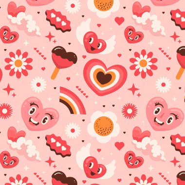 Pembe arkaplanda şeftali tonları ve kalpler ve çiçekler olan kusursuz bir tekstil. Sanat, hassas taç yaprakları ve çemberler içeriyor, görsel olarak çekici bir tasarım yaratıyor.