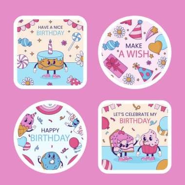 Mor, pembe ve morumsu tonlarda kek ve kek içeren bir doğum günü kartı seti. Her kartın dairesel bir tabakta yaratıcı sanat yazı tipi tasarımı vardır. Her kutlama için mükemmeldir.